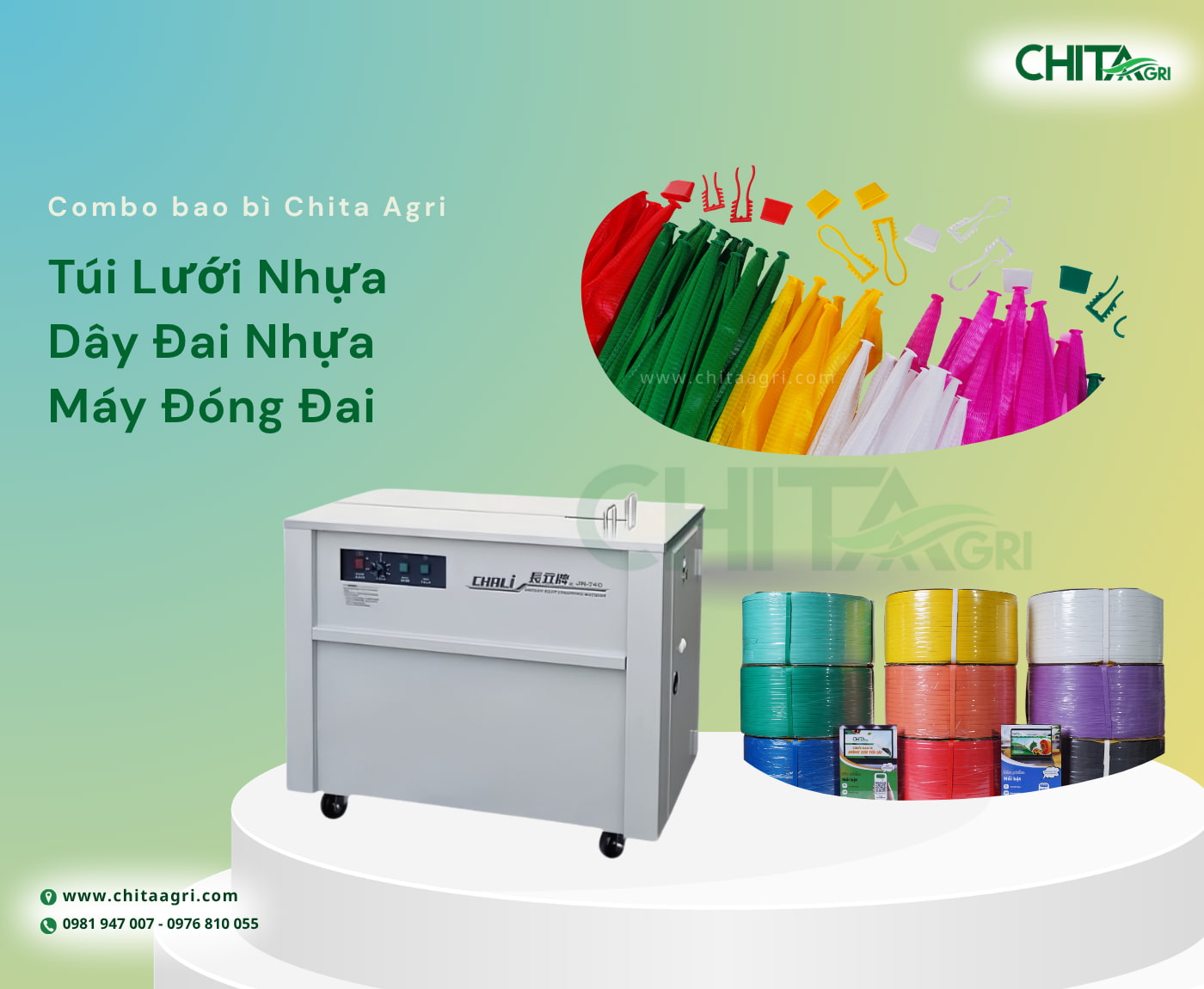 Combo bao bì đóng gói nông sản Chita Agri được xây dựng theo hướng đồng bộ nhiều vật tư, gồm túi lưới nhựa, khóa túi lưới, tag, dây treo tag, dây đai nhựa, khóa dây đai và máy đóng đai tùy theo nhu cầu thực tế.