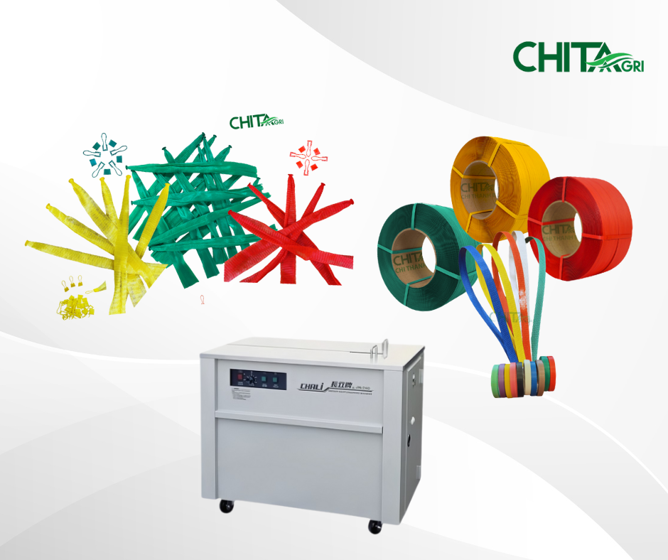 Combo bao bì đóng gói chất lượng Chita Agri gồm Dây đai -Túi lưới- Máy đóng đai