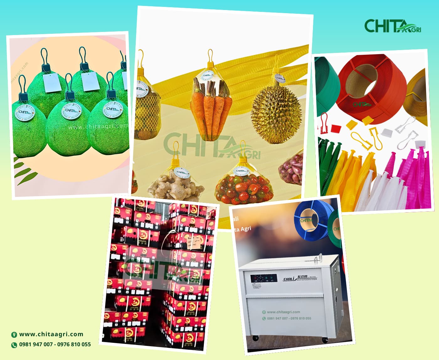 •	Combo đóng gói Chita Agri giúp đồng bộ bao bì từ túi lưới đến dây đai, hỗ trợ nông sản đóng gói gọn gàng và chuyên nghiệp hơn khi ra thị trường.