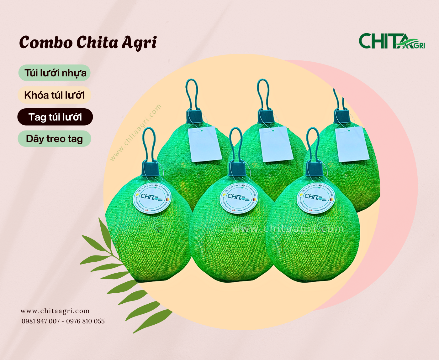Combo Chita Agri Túi lưới, Khóa túi lưới ,Tag túi lưới, dây treo tag giúp sản phẩm đồng bộ và nổi bật trên kệ trưng bày