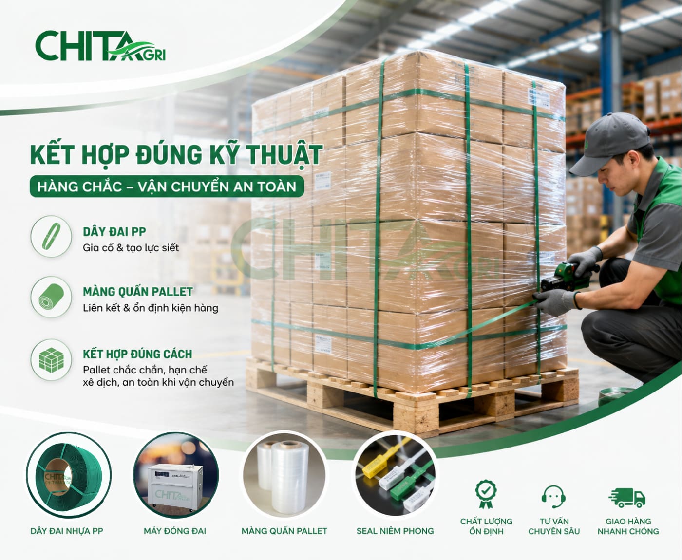 Dây đai PP và màng quấn pallet có chức năng khác nhau nhưng bổ trợ cho nhau trong quá trình đóng gói.