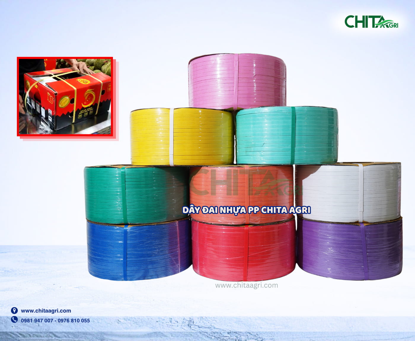 Dây đai nhựa Chita Agri được sản xuất từ nhựa PP chất lượng cao, độ bền kéo ổn định, giúp cố định hàng hóa chắc chắn trong suốt quá trình vận chuyển.