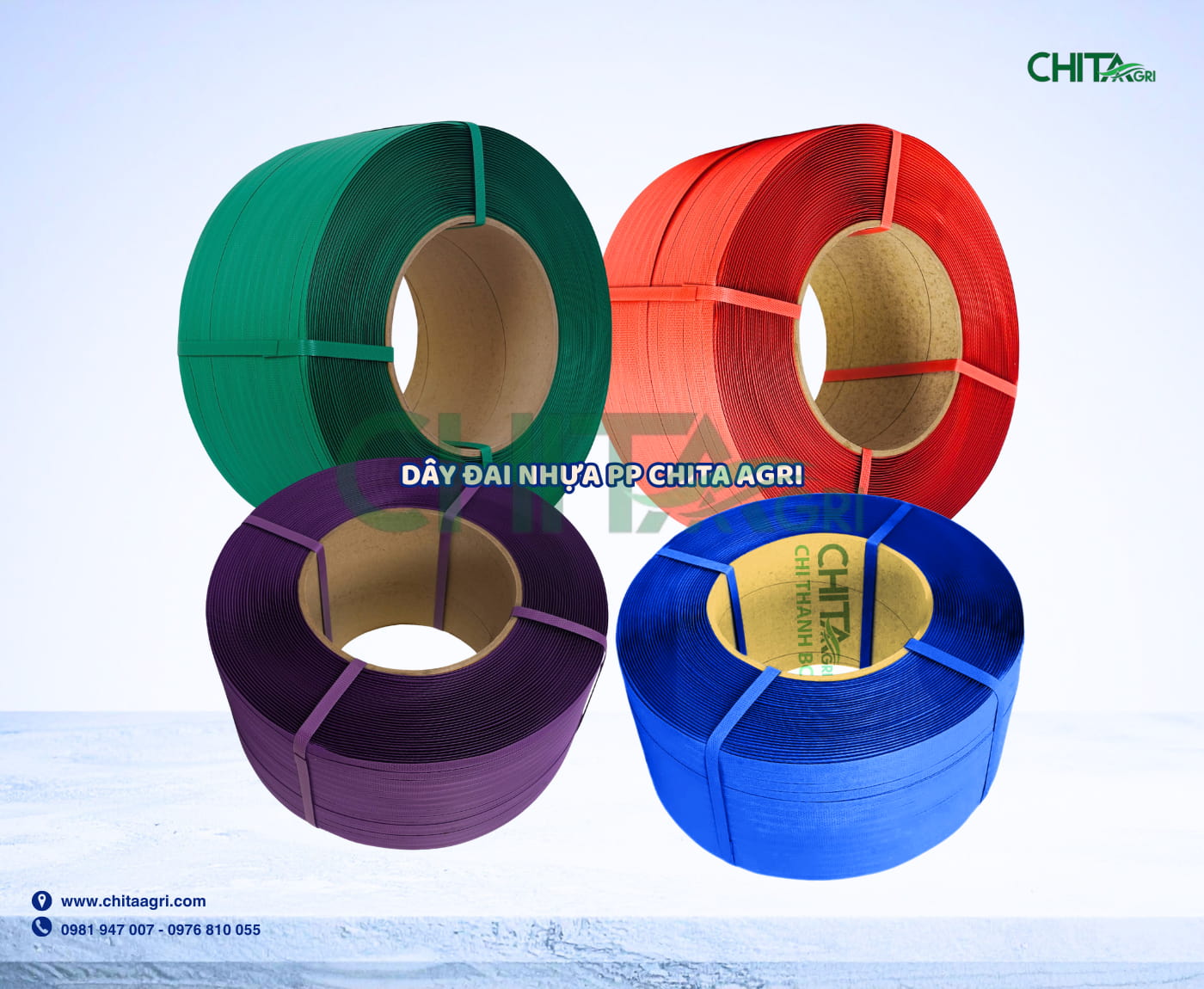 Dây đai nhựa Chita Agri được sản xuất từ nhựa PP chất lượng cao, có độ dẻo dai tốt, giữ lực siết chắc, hạn chế đứt gãy khi đóng gói hàng hóa.