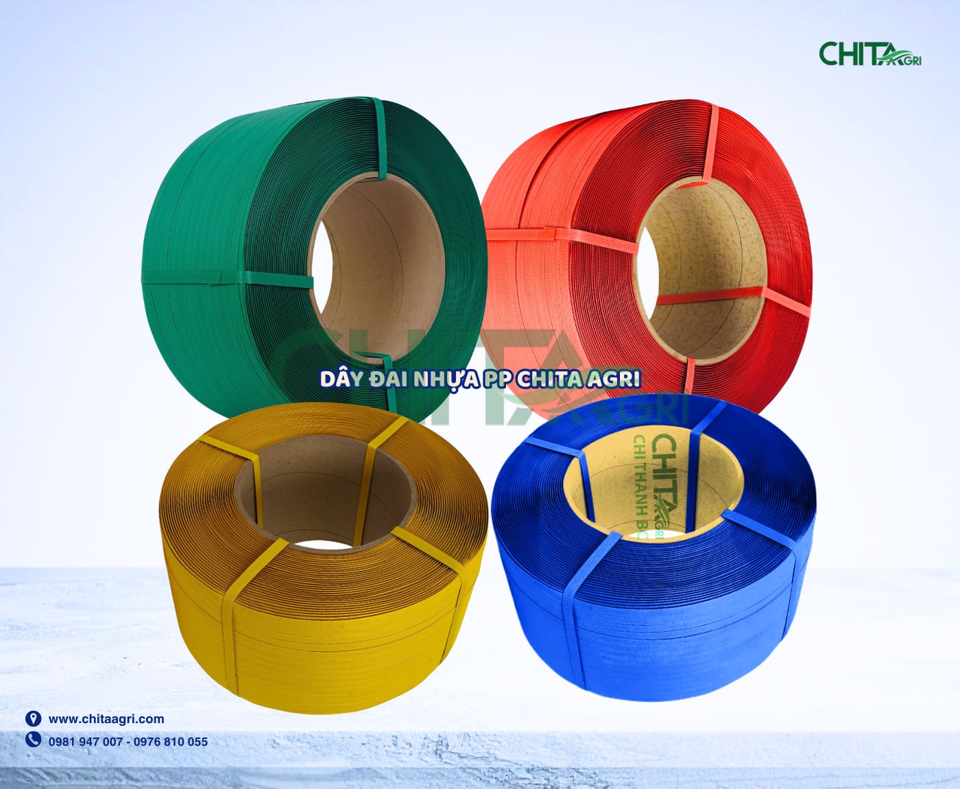 Dây đai nhựa Chita Agri được sản xuất từ nhựa PP chất lượng cao, độ bền kéo ổn định, giúp cố định hàng hóa chắc chắn trong suốt quá trình vận chuyển.