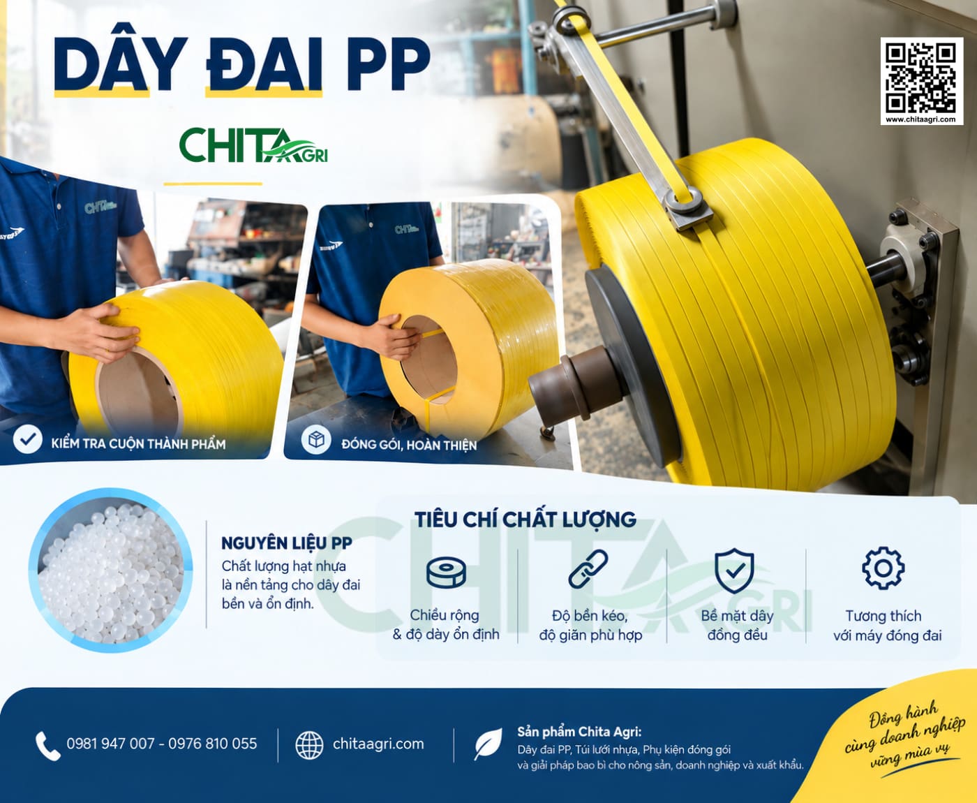 Chita Agri cung cấp các dòng dây đai nhựa PP phục vụ nhiều nhu cầu đóng gói của doanh nghiệp sản xuất, nông sản, logistics, siêu thị và xuất khẩu.