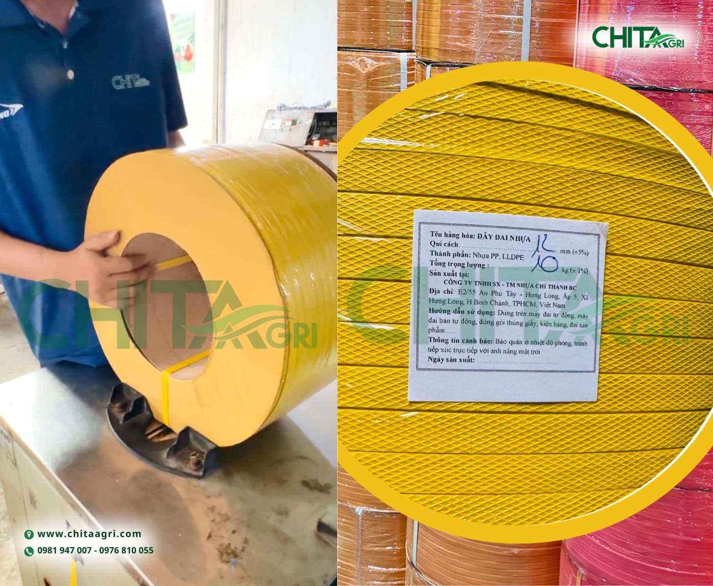 Sau khi quấn màng bọc, cuộn dây Chita Agri sẽ đóng đai cẩn thận, gắn tem sản phẩm và kiểm tra lần cuối trước khi xuất kho.