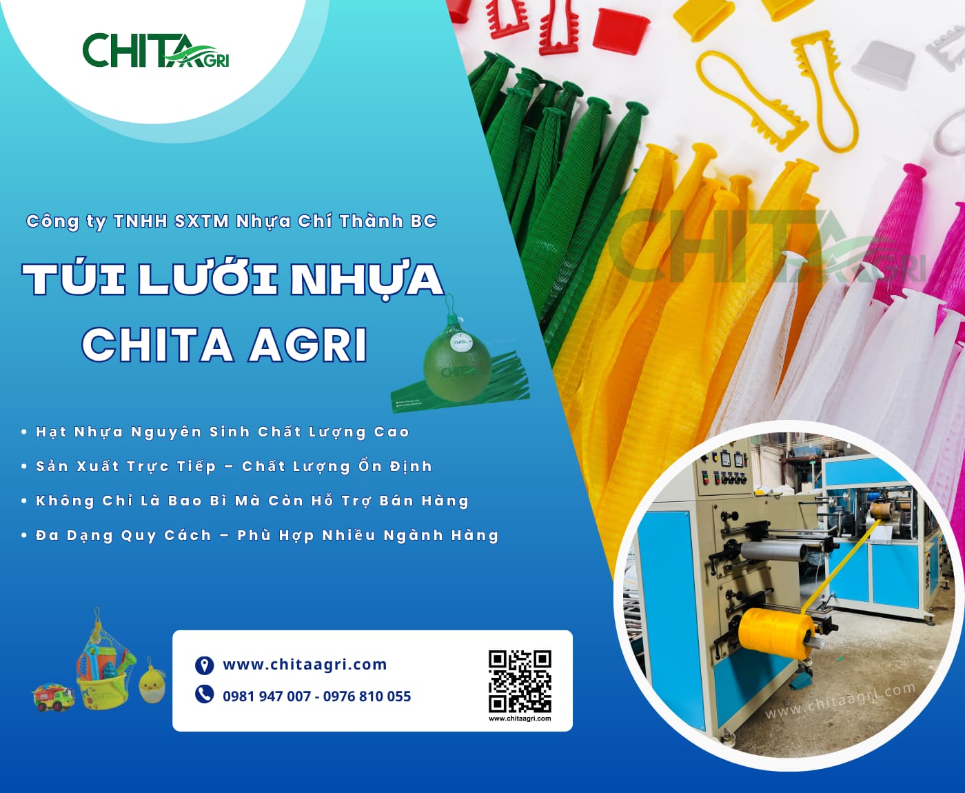 Túi lưới nhựa Chita Agri được sản xuất trực tiếp bởi Nhựa Chí Thành BC, đảm bảo nguồn cung ổn định và chất lượng đồng đều giữa các lô hàng.