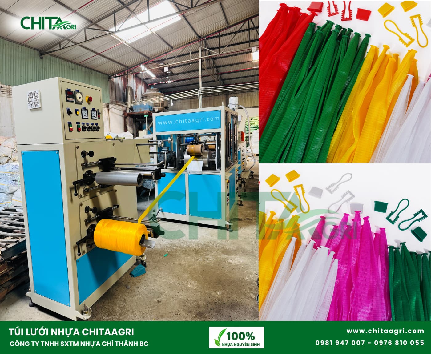 Túi lưới nhựa Chita Agri được sản xuất trực tiếp bởi Nhựa Chí Thành BC, đảm bảo nguồn cung ổn định và chất lượng đồng đều giữa các lô hàng.
