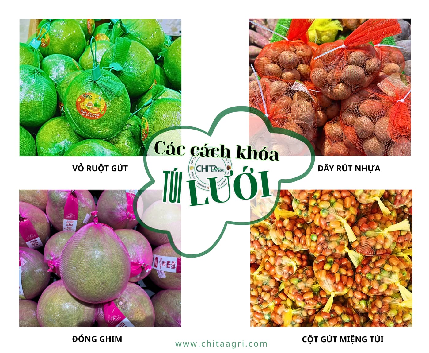 Các cách khóa túi lưới phổ biến trong đó vỏ ruột gút là loại khóa túi lưới được sử dụng nhiều nhất trong đóng gói nông sản chuyên nghiệp hiện nay 