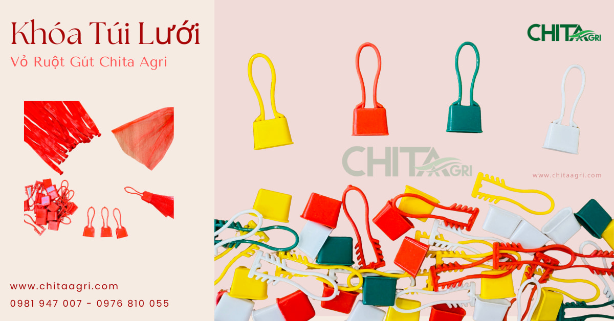 Khóa túi lưới Chita Agri giúp cố định miệng túi nhanh gọn, chắc chắn, phù hợp cho đóng gói nông sản và trái cây bán lẻ.