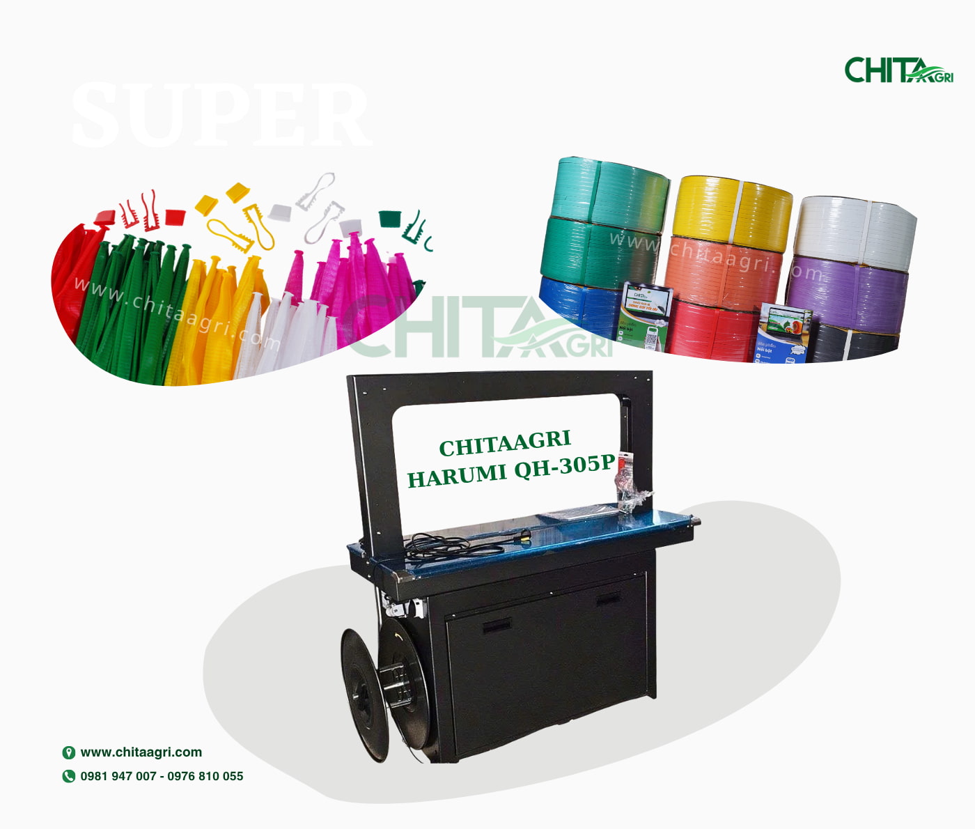 Combo Túi lưới – Dây Đai – Máy đóng đai nhựa Harumi QH 305P từ Nhựa Chí Thành BC 