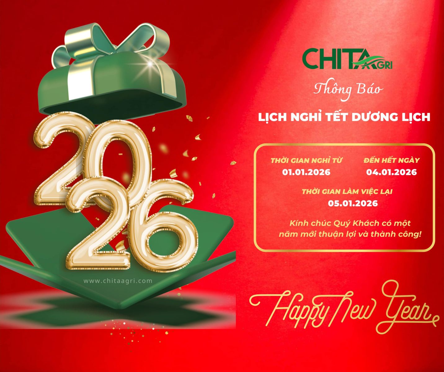 Tạm Biệt Năm Cũ – Đón Chào Năm Mới | Lịch Nghỉ Tết Dương Lịch 2026 – Nhựa Chí Thành BC