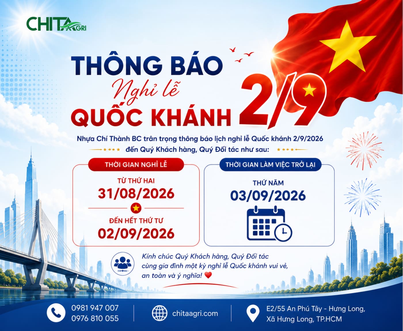 Thông Báo Nghỉ Lễ Quốc Khánh 2/9/2026 – Chita Agri