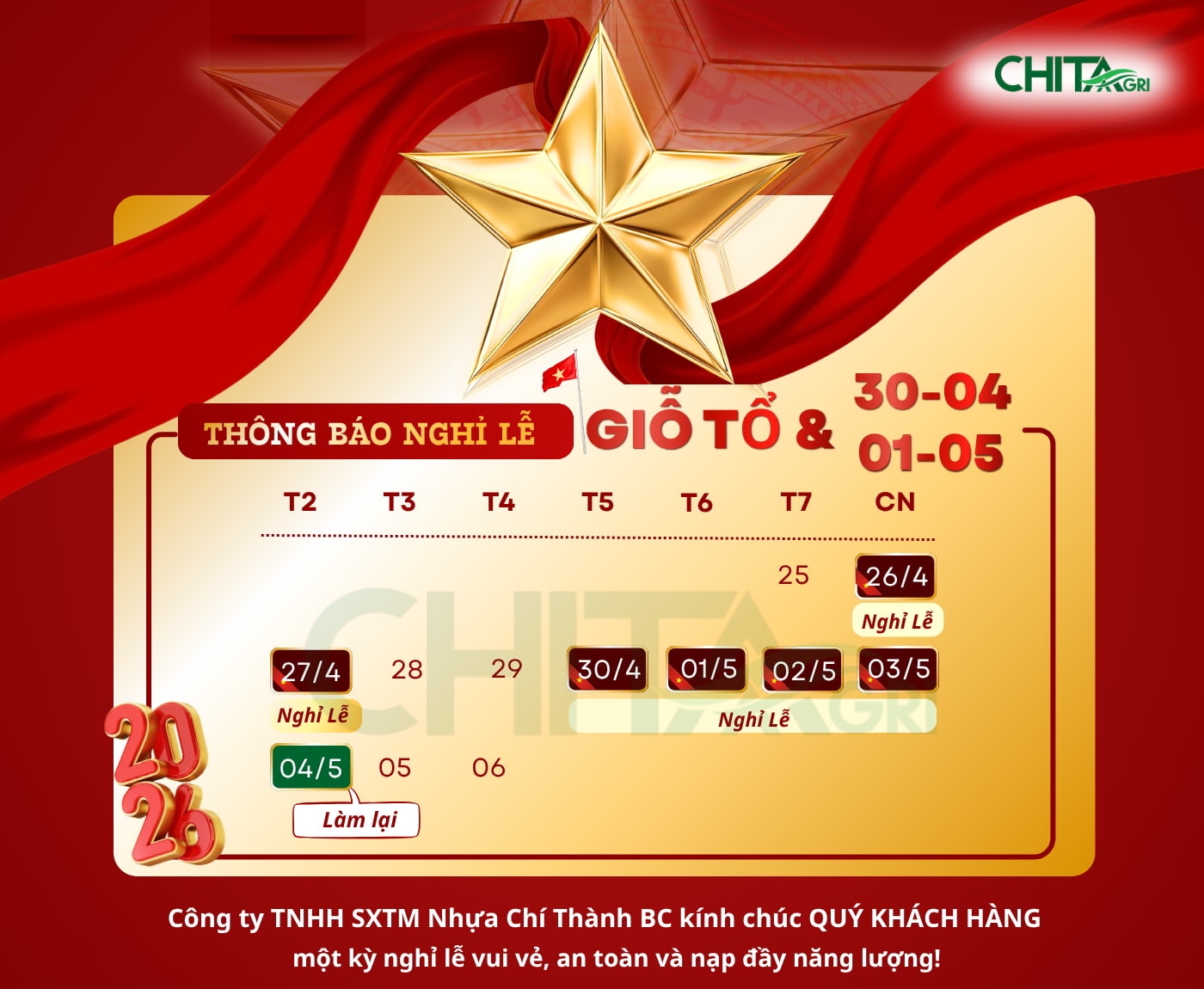 Chita Agri thông báo lịch nghỉ lễ Giỗ Tổ, 30/4 1/5 2026, thời gian nghỉ và lưu ý đặt hàng để đảm bảo tiến độ kinh doanh.