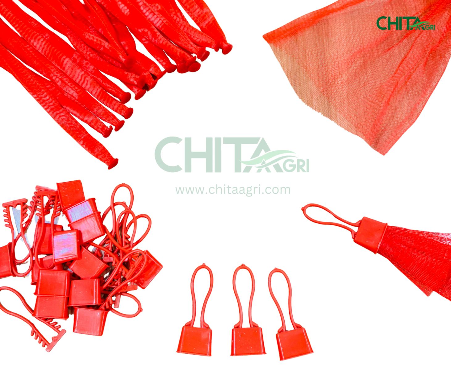 Bộ túi lưới L200 màu đỏ Chita Agri kèm khóa nhựa – giải pháp đóng gói hành tím, khoai lang, cà chua,.. giúp thoáng khí, bảo vệ trái cây