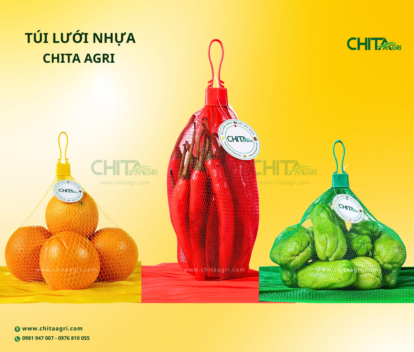Túi lưới Chita Agri kết hợp cùng khóa túi lưới và tem tag, giúp sản phẩm trông đồng bộ và chuyên nghiệp hơn trên kệ bán lẻ.