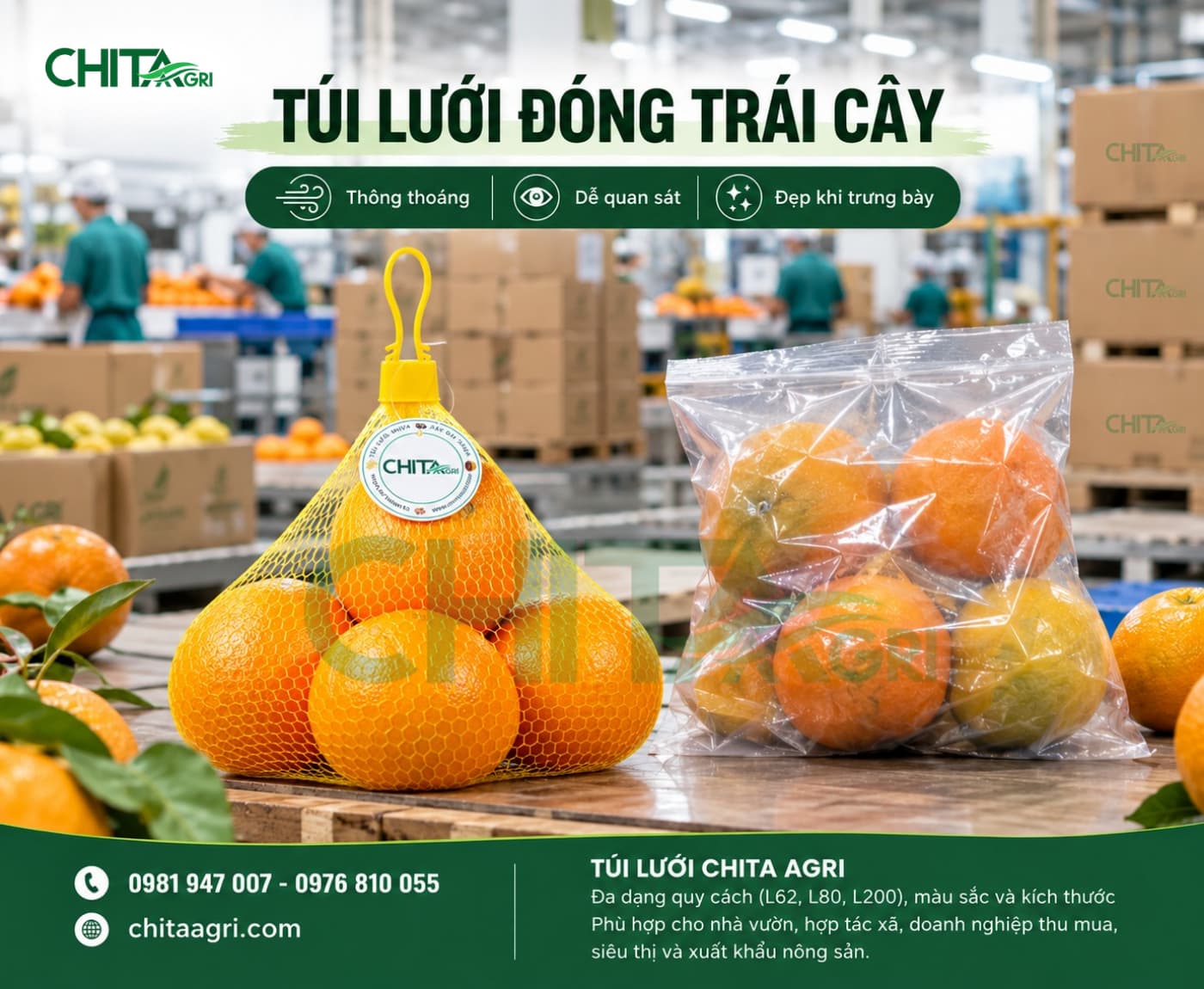 Túi lưới nhựa Chita Agri được làm từ nhựa PP nguyên sinh cao cấp, được thiết kế thông thoáng, giúp hàng hóa “thở” tốt, hạn chế ẩm và giữ độ tươi trong suốt quá trình lưu kho, vận chuyển, bảo quản và bán lẻ.