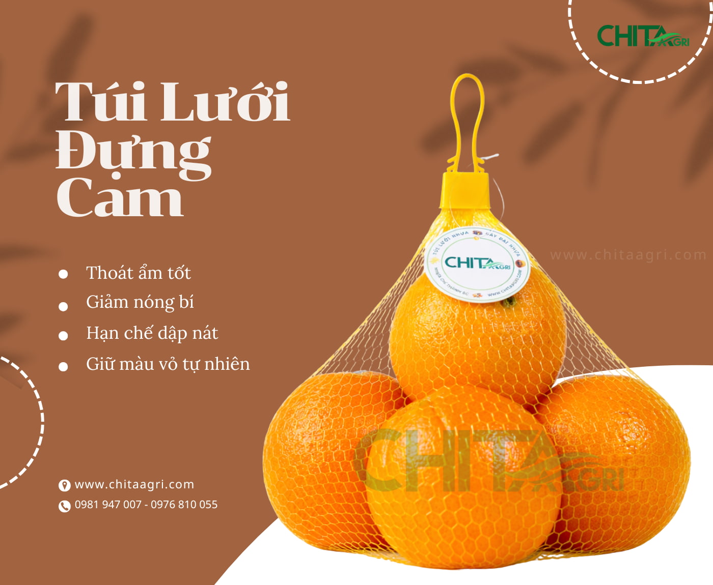 Túi lưới nhựa Chita Agri giúp màu cam nổi bật tự nhiên, trưng bày gọn gàng, chuyên nghiệp,gia tăng giá trị thương hiệu và trải nghiệm mua sắm của khách hàng