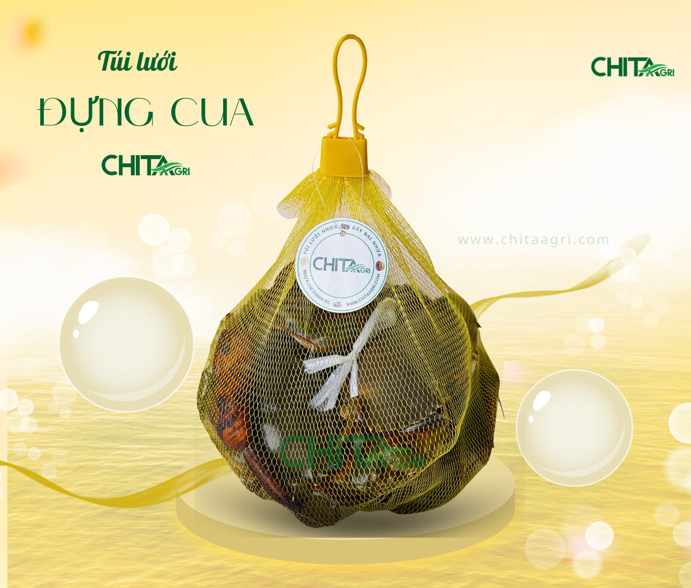 Túi lưới đựng cua Chita Agri được thiết kế với mắt lưới thoáng khí, chất liệu nhựa nguyên sinh cao cấp, chịu lực tốt, và dễ thoát nước – phù hợp cho các sản phẩm thủy sản tươi sống. 