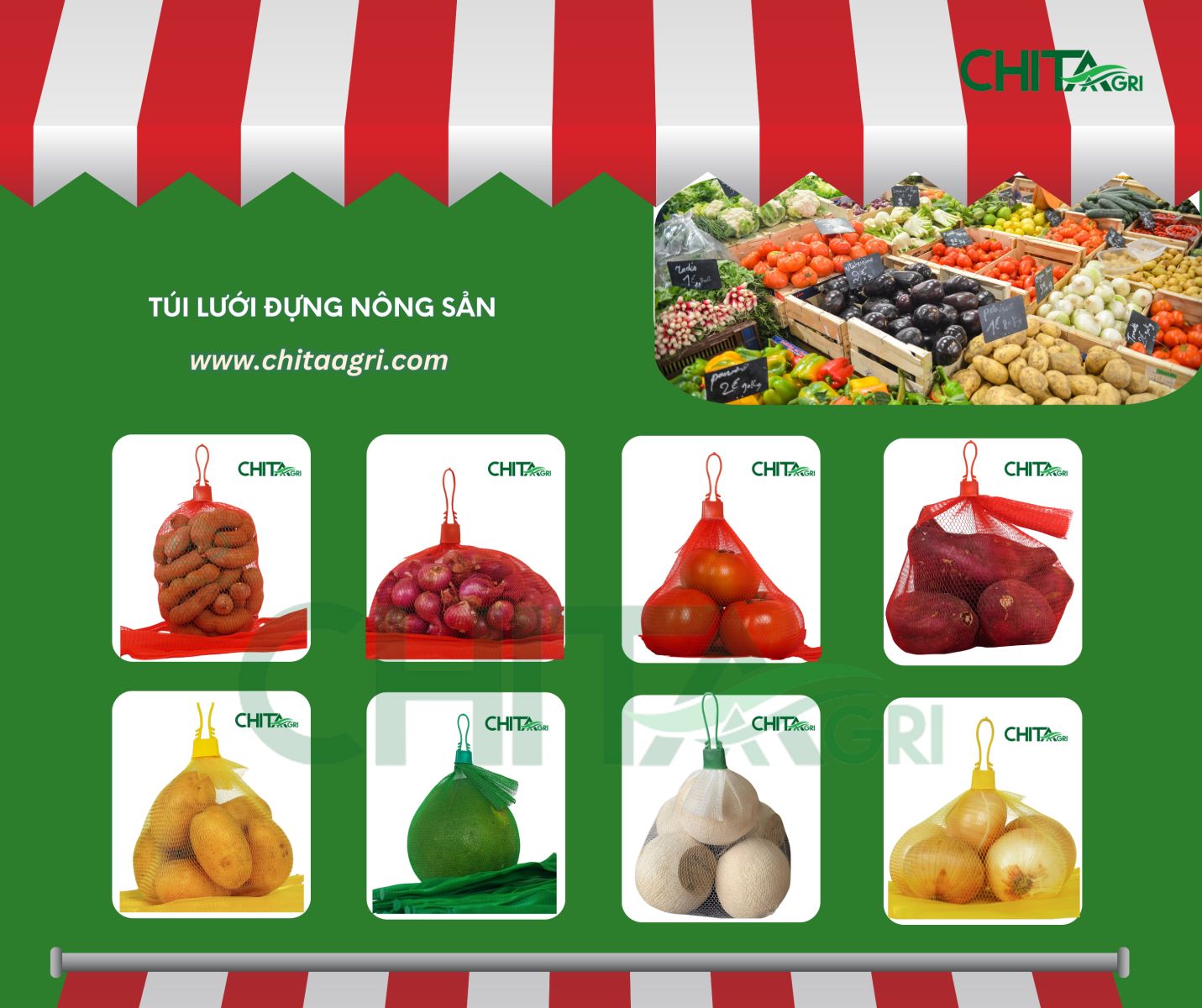 Bộ sưu tập túi lưới đựng nông sản Chita Agri với nhiều kích thước và màu sắc – phù hợp đóng gói khoai tây, hành, bưởi, cam, dưa lưới và các loại trái cây xuất khẩu, giúp thông thoáng và bảo quản tươi lâu