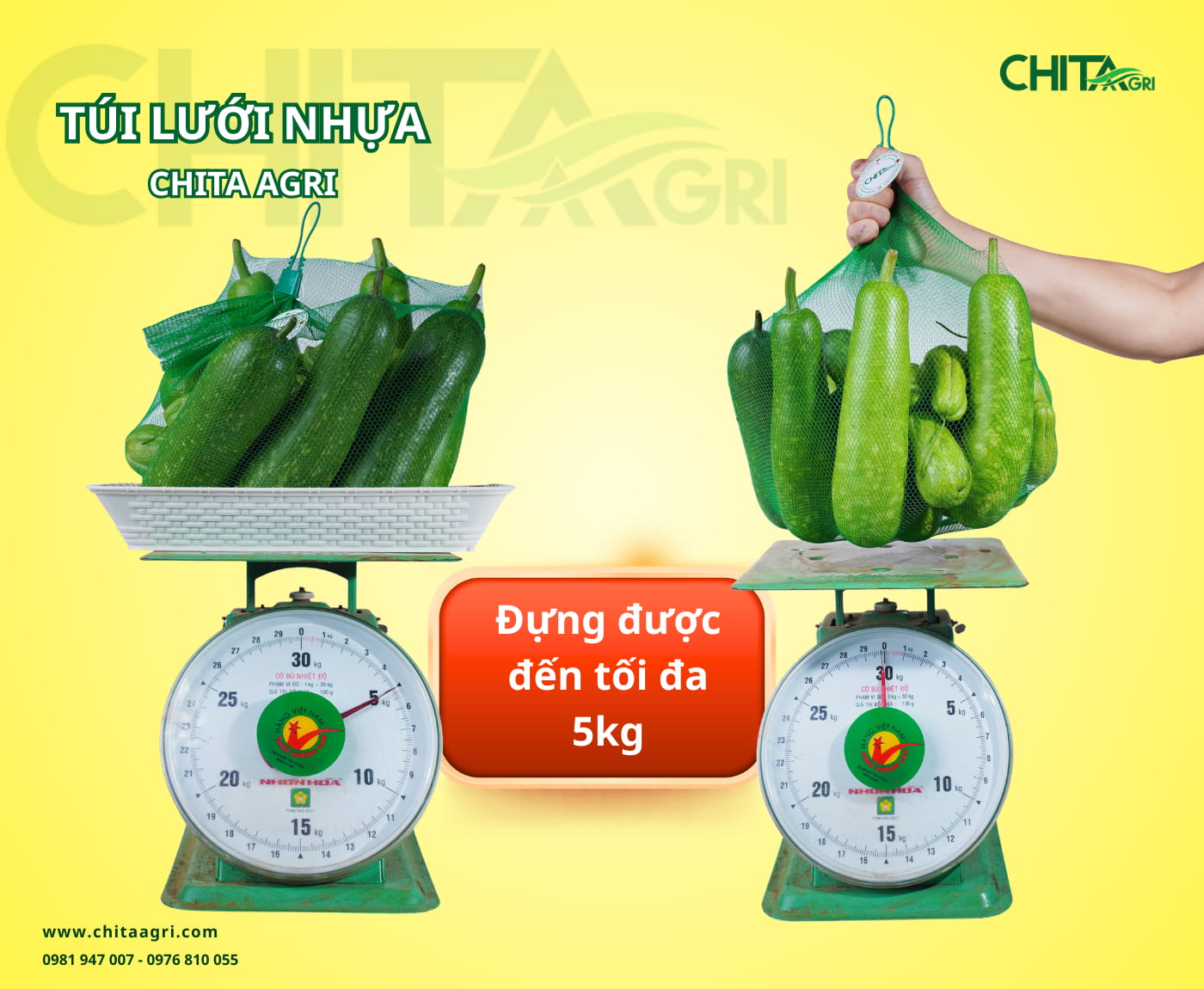 Túi lưới nhựa của Chita Agri được làm từ nhựa PP nguyên sinh, có độ dẻo dai cao và chịu lực ổn định, giúp xách chắc tay đến khoảng 5kg trong điều kiện sử dụng thực tế.