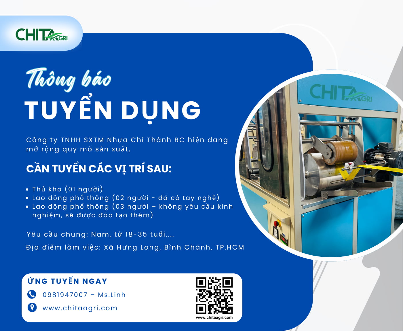 Nhựa Chí Thành BC tuyển dụng nhiều vị trí tại Bình Chánh: thủ kho, lao động phổ thông có và chưa có kinh nghiệm. Môi trường ổn định, lương thỏa thuận, ứng tuyển ngay!