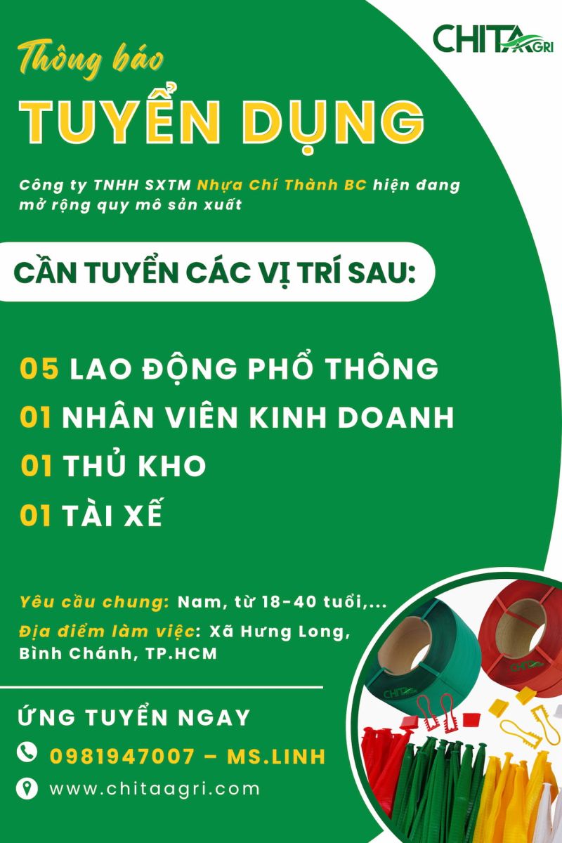 Tuyển dụng nhân sự tại Nhựa Chí Thành BC Bình Chánh HCM 