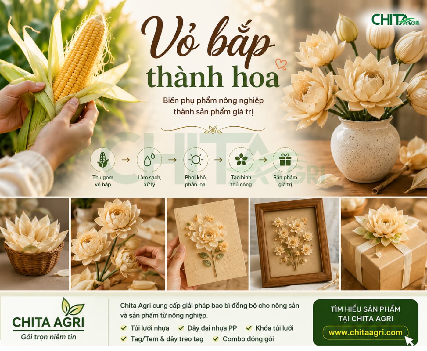 Từ vỏ bắp bỏ đi đến sản phẩm thủ công xuất khẩu: câu chuyện cho thấy cách kỹ thuật, thiết kế và đóng gói giúp nâng giá trị sản phẩm Việt.